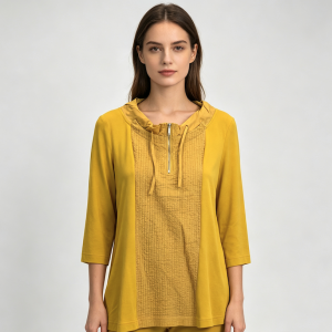 Hooded Half-Zip Textured Contrast Panel 3/4 Sleeve Relaxed Top
