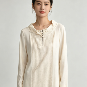 Hooded Half-Zip Textured Contrast Panel 3/4 Sleeve Relaxed Top