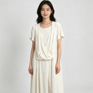 Cream Textured Twist Front Short Sleeve Midi Dress